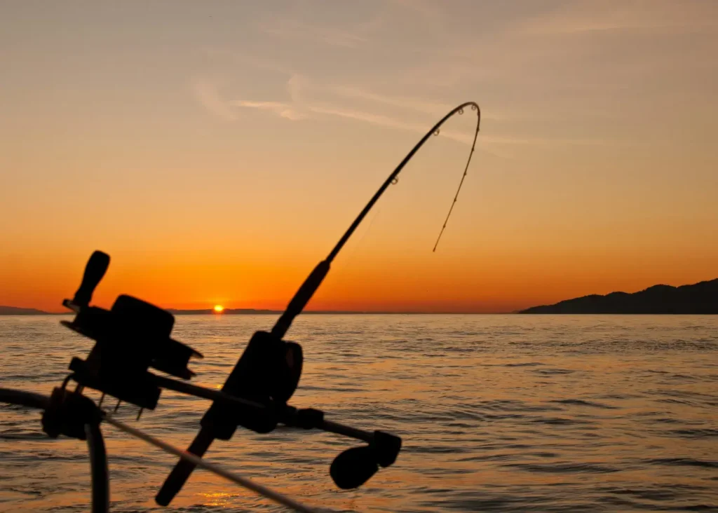Silhouette of a fishing rod and reel against a fiery orange sunset over the water, promoting the Deep Sea Fishing activity at kiki on the beach.